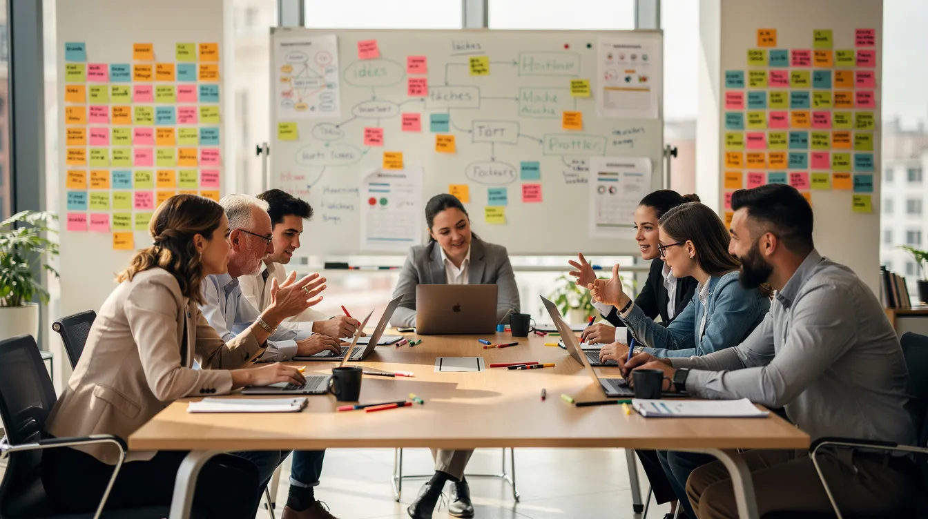 Une équipe diversifiée est réunie autour d'une grande table de travail, échangeant activement des idées pour donner du sens à leur vie professionnelle. En arrière-plan, des tableaux blancs et des post-it témoignent de leur engagement à développer des compétences et à atteindre leurs objectifs.