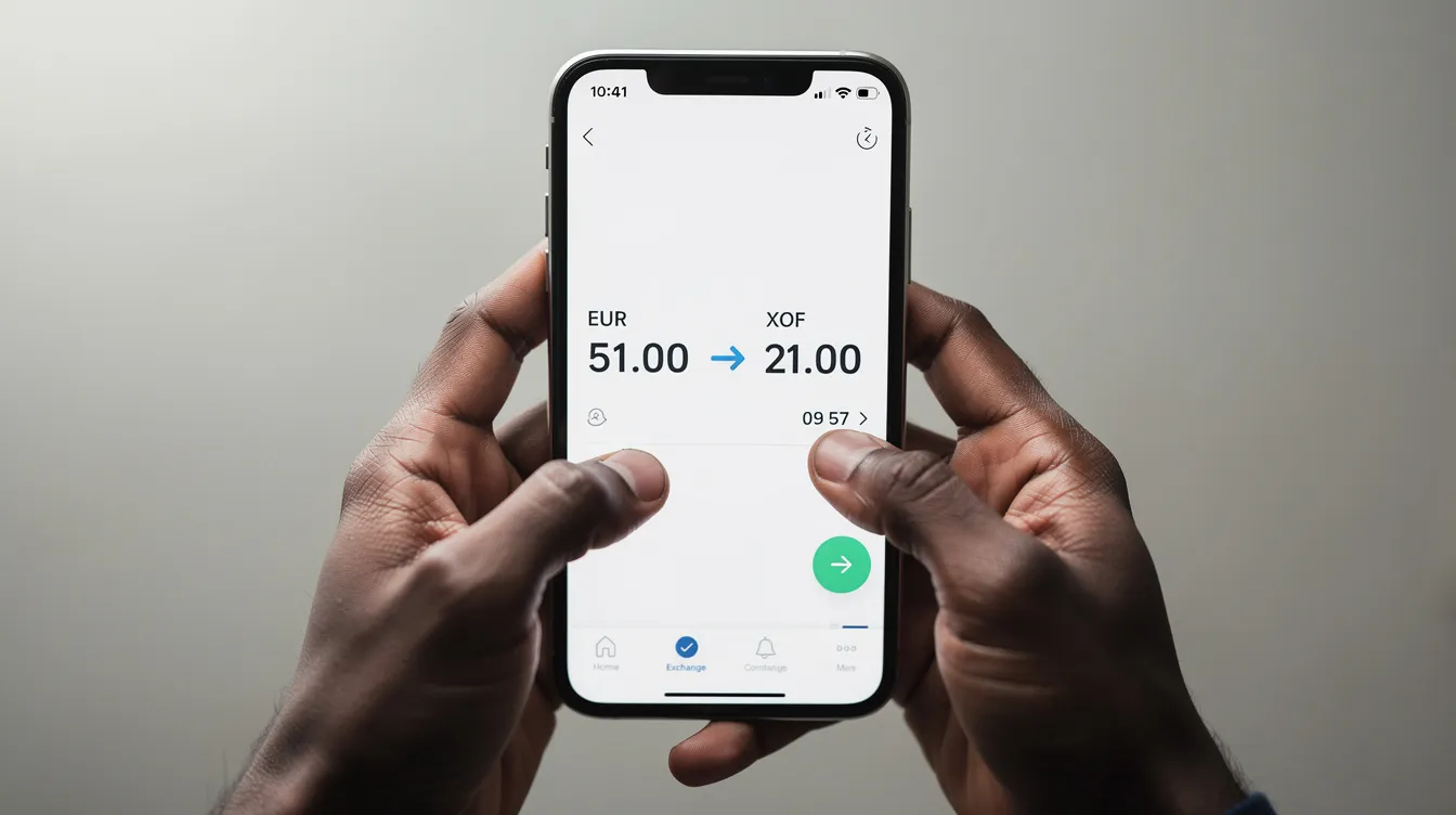A close-up image shows hands holding a smartphone with a currency exchange screen displaying values for EUR and XOF, highlighting mobile money services for transferring funds. This visual emphasizes the convenience of mobile wallets in Senegal for fast and secure money transfers.