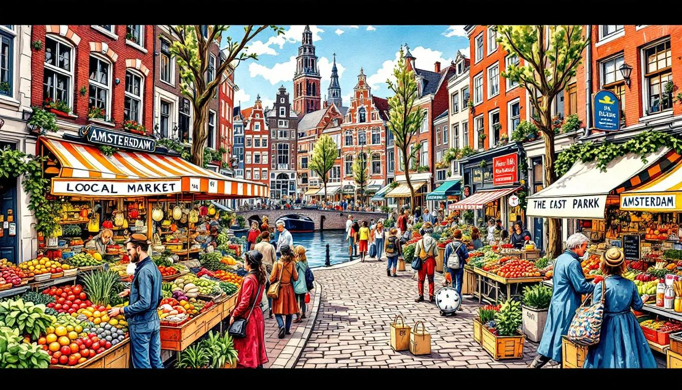 A colorful local market in Amsterdam filled with fresh produce and local cuisine options.