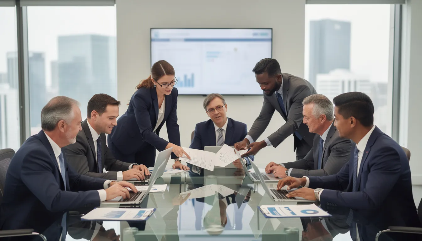 A group of professionals is gathered around a conference table, actively reviewing documents and computer screens, discussing strategies to assess their organization's cybersecurity readiness against emerging threats. Their focus is on identifying critical skills and addressing vulnerabilities to strengthen their cyber workforce and enhance overall resilience.