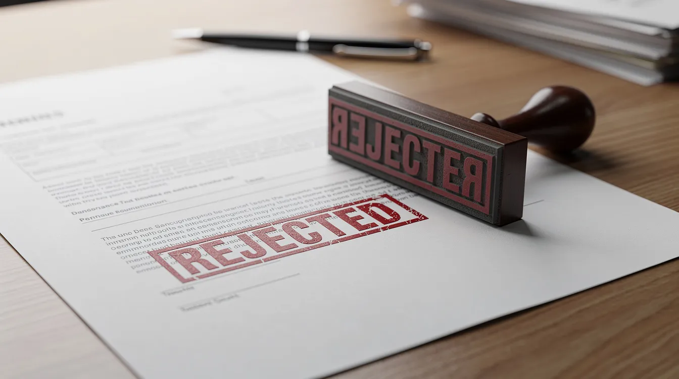 3a7c3c24 f962 47e4 a61a 57e68333cd85 The image shows an official rejection stamp marked on a paper document resting on a desk, indicating that a business loan application, possibly for a mudra loan, has been denied. The document may relate to a beneficiary micro unit entrepreneur who did not meet the eligibility criteria set by the bank or financial institution.