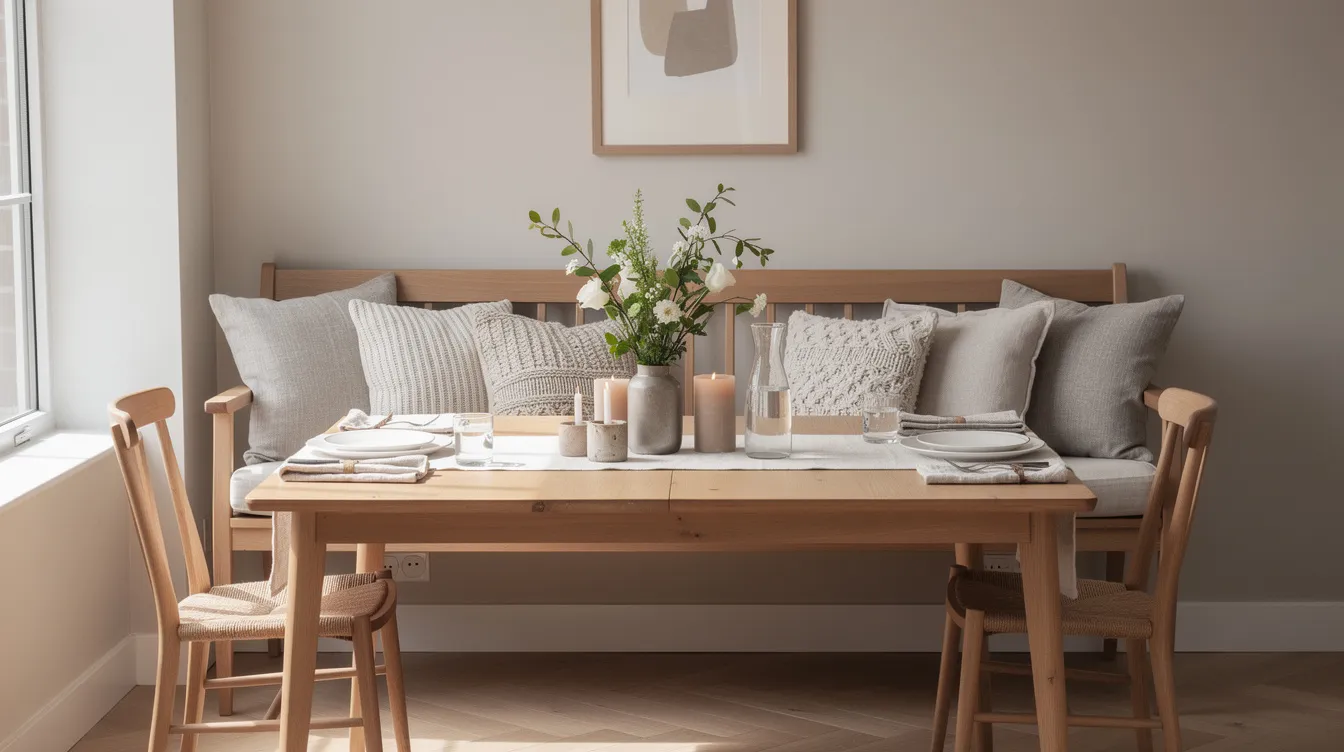 Een gezellige eethoek met een houten eetkamerbank tegen een lichte muur, voorzien van kussens voor extra comfort. De gedekte tafel biedt ruimte voor lange diners met vrienden en familie, en de bank zorgt voor een warme uitstraling in de ruimte.