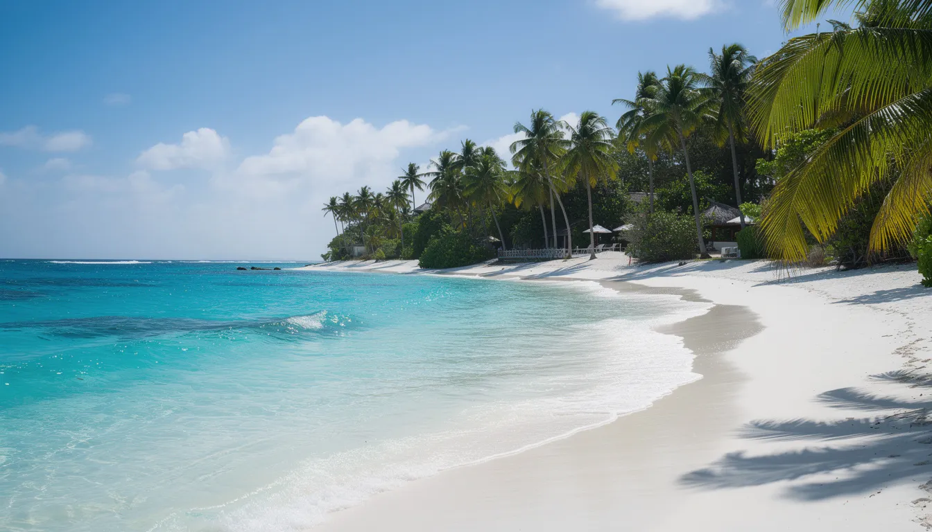 The image depicts a stunning scene of turquoise ocean water gently lapping against a pristine white sand beach, framed by swaying palm trees, embodying the natural beauty of Mexico's best beach towns. This idyllic setting is characteristic of popular destinations like Puerto Vallarta and Playa del Carmen, inviting visitors to enjoy the calm waters and vibrant local culture.
