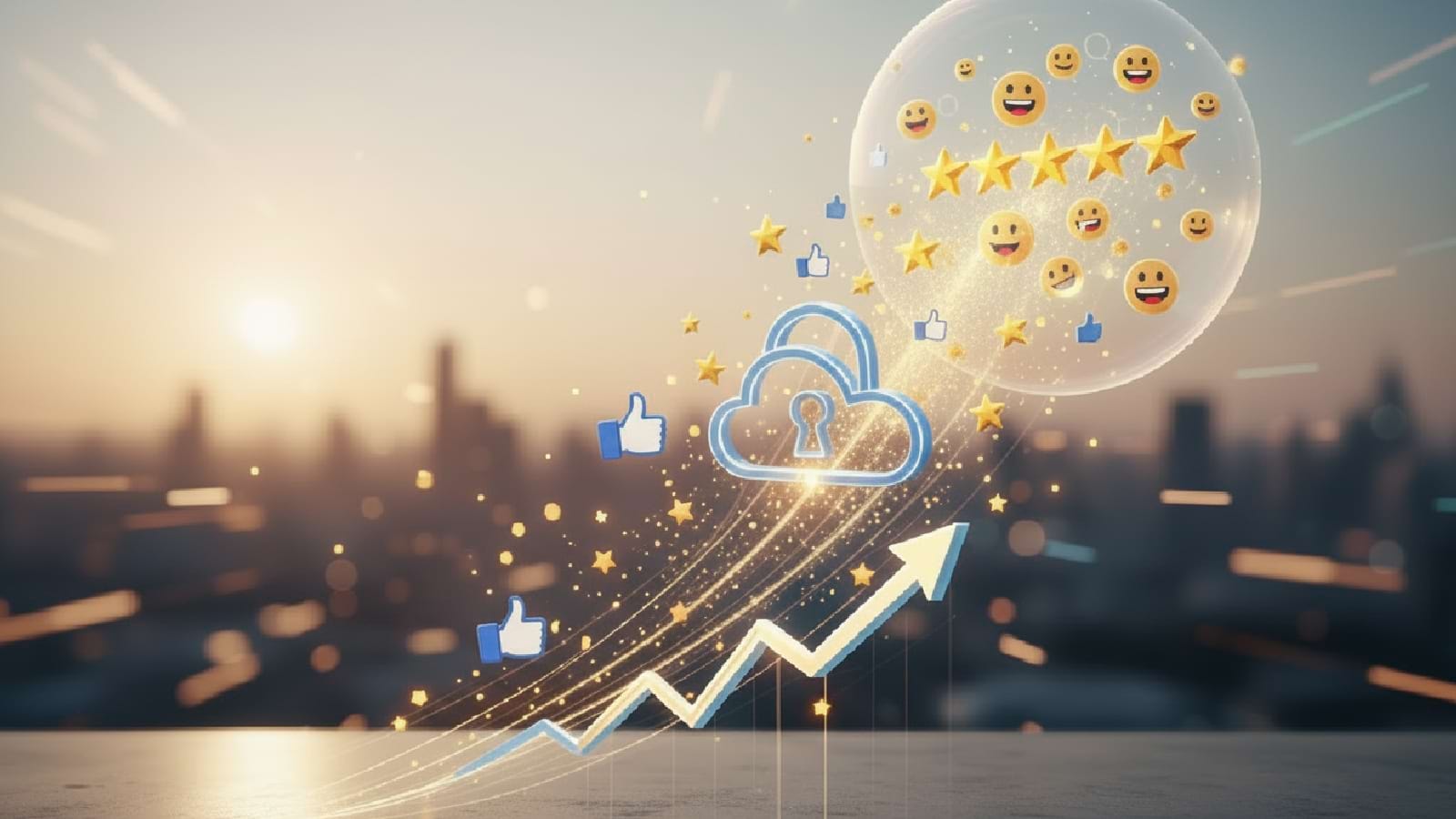 A rising graph with an upward arrow over a sunset cityscape, surrounded by positive symbols.