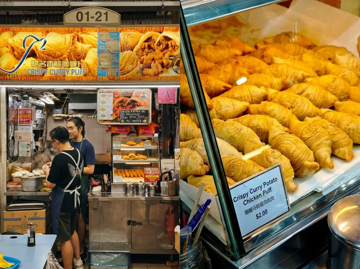 A side-by-side split image showing the "J2 Famous Crispy Curry Puff" hawker stall on the left, and a close-up of golden, flaky spiral curry puffs inside a glass display case on the right.