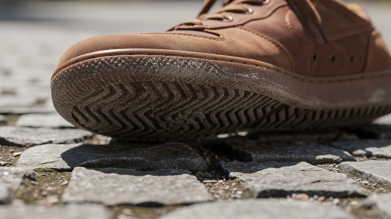 Die Nahaufnahme zeigt die flache Court-Sohle eines braunen Sneakers auf Kopfsteinpflaster. Der Schuh hat ein schlichtes Design und ist aus robustem Material gefertigt, ideal für den Alltag.