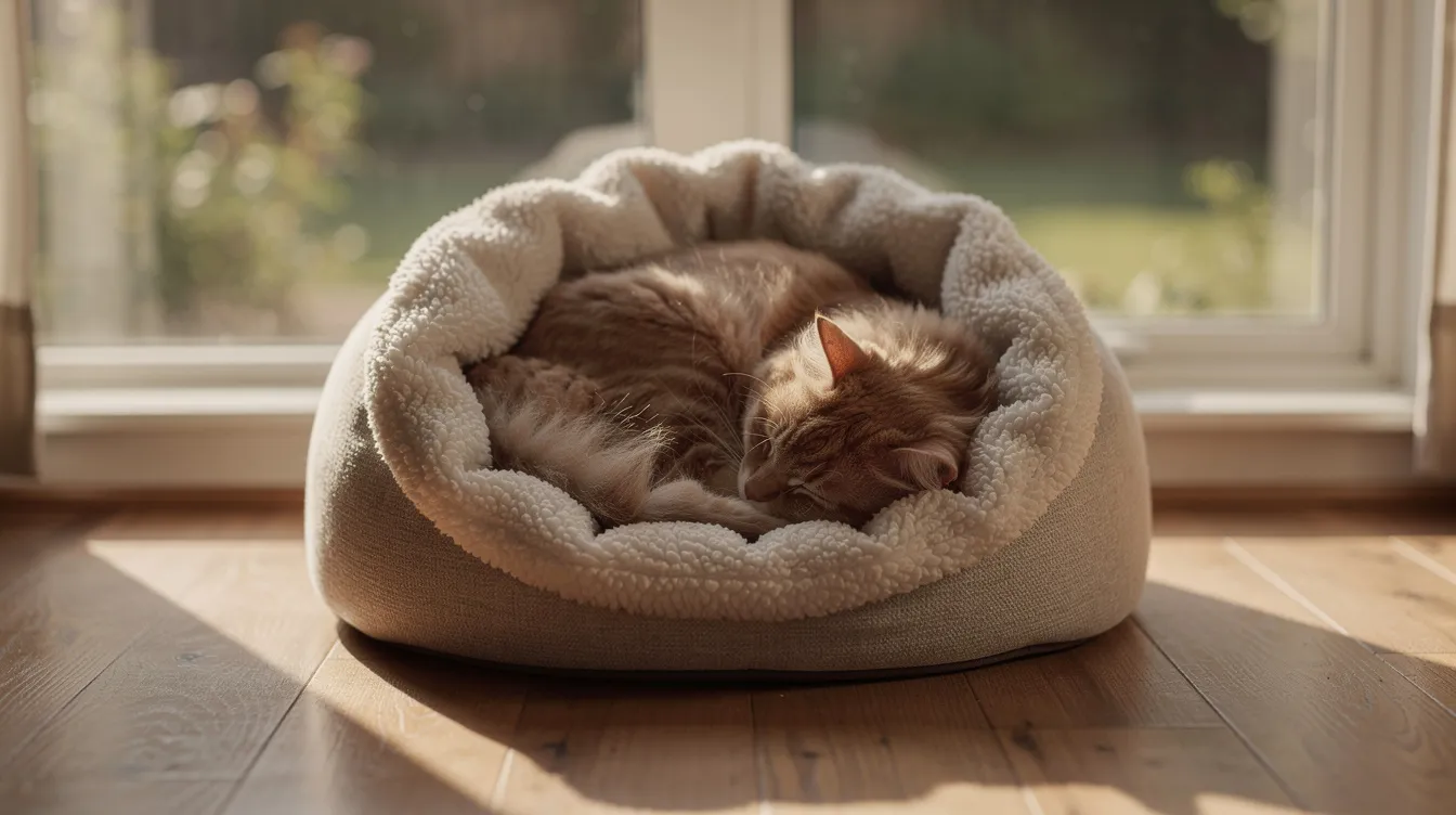 A cozy cat is curled up in a soft, sherpa lined burrow bed, basking in the gentle afternoon light streaming through a nearby window. This serene scene captures the joy of having furry friends and the comfort they bring to pet parents in their daily life.