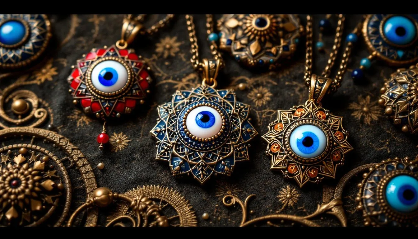 An artistic arrangement of handcrafted evil eye necklaces, emphasizing their beauty and craftsmanship.