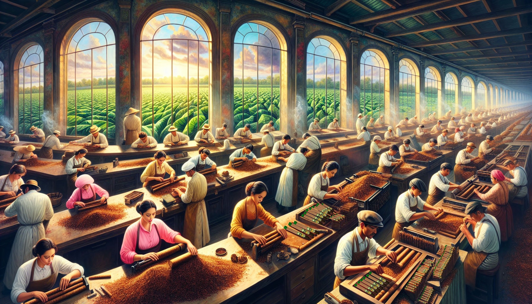 An artistic depiction of AJ Fernandez's factory, capturing the craftsmanship behind the cigars.