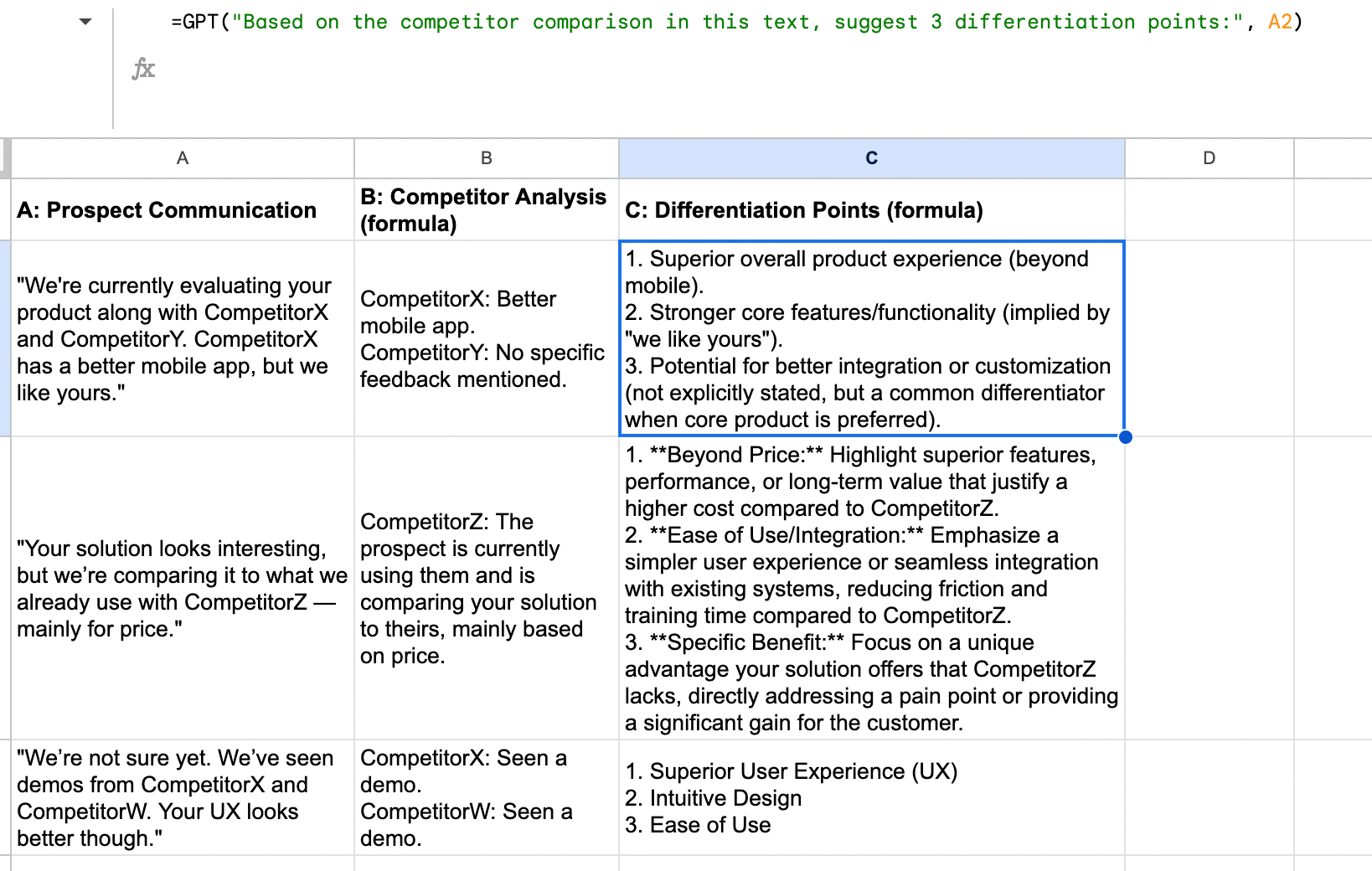 Competitor analysis in Google Sheets