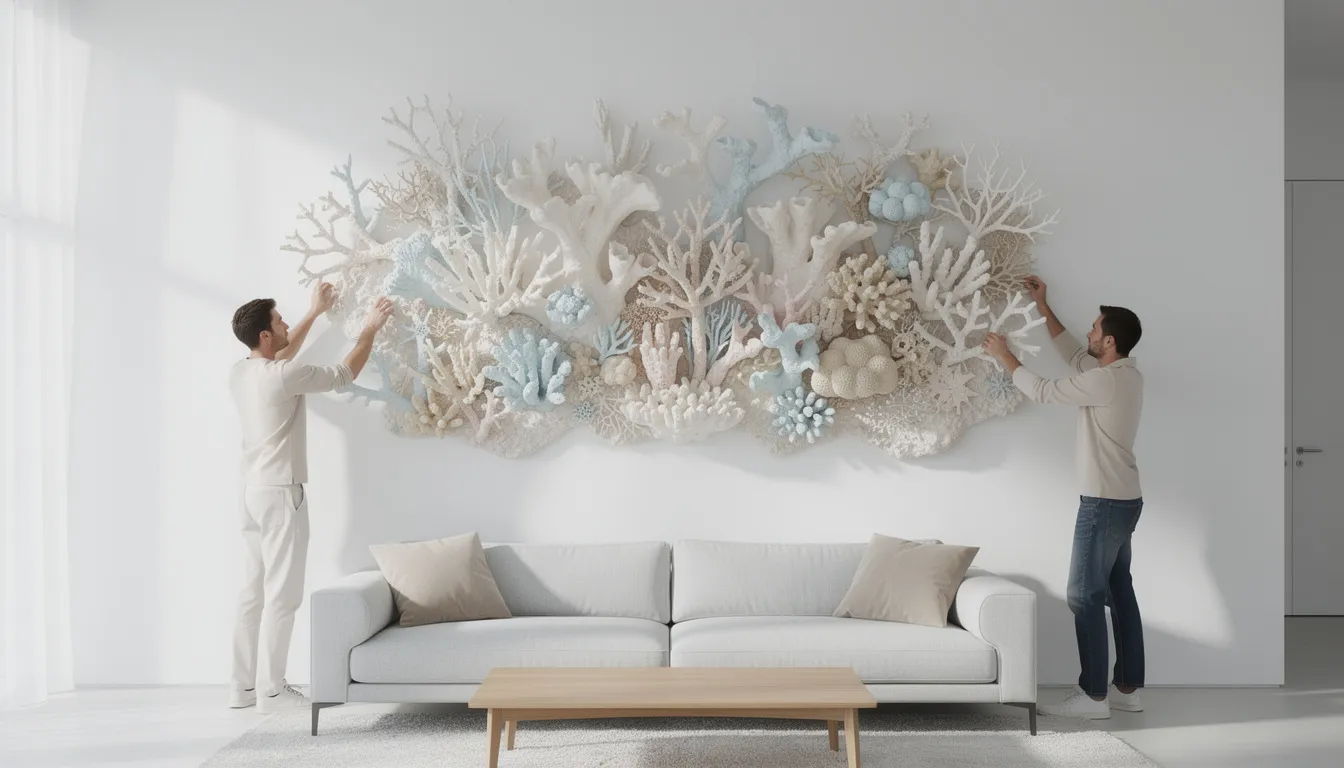 The image features a coral reef wall sculpture being mounted on a white living room wall, showcasing a natural white coral color that transports the senses. This eye-catching piece, reminiscent of tide pools and full of ocean creatures, displays a combination of design elements with asymmetrical and symmetrical patterns, adding a unique touch to the wall decor.