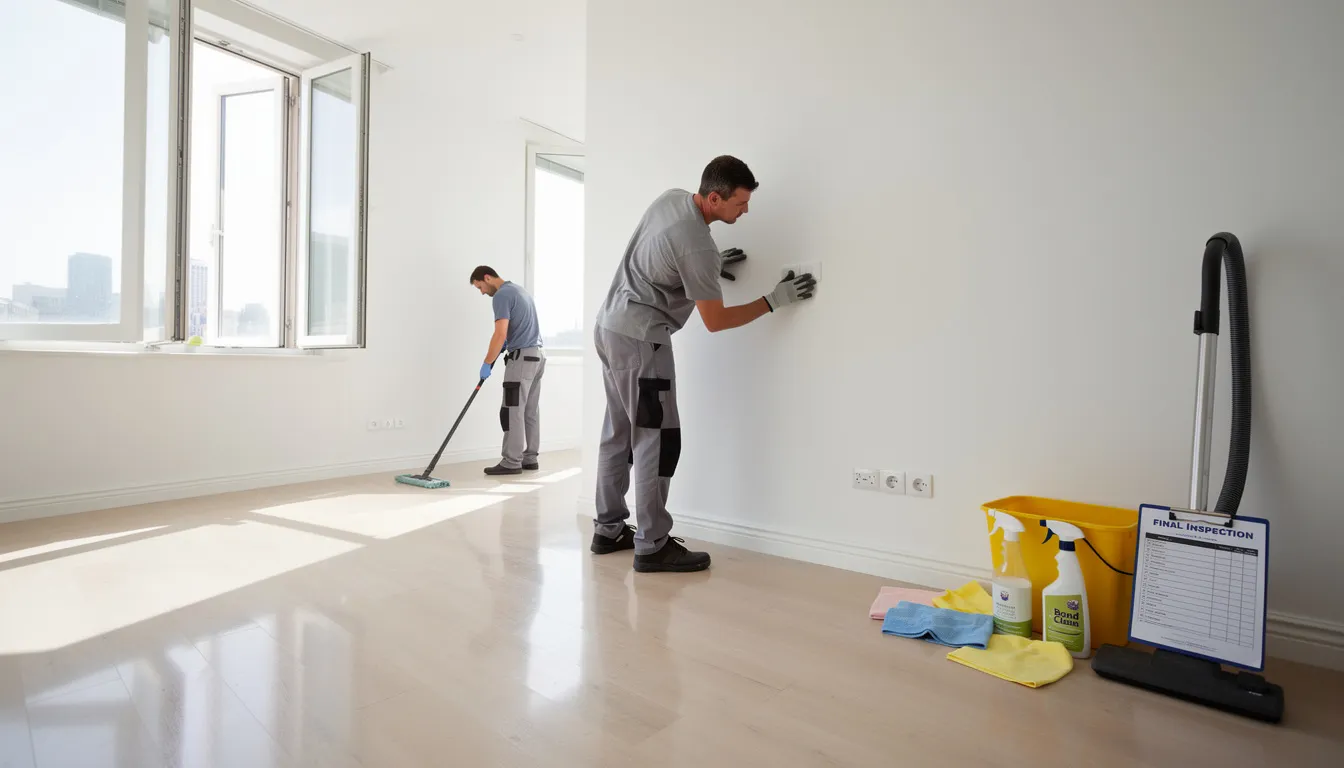 The image depicts a team of professional bond cleaners in Sydney, diligently performing a thorough end of lease cleaning service in a rental property. They are using eco-friendly materials and cleaning supplies to ensure high-quality results, preparing the space for the next tenant while adhering to cleaning standards.
