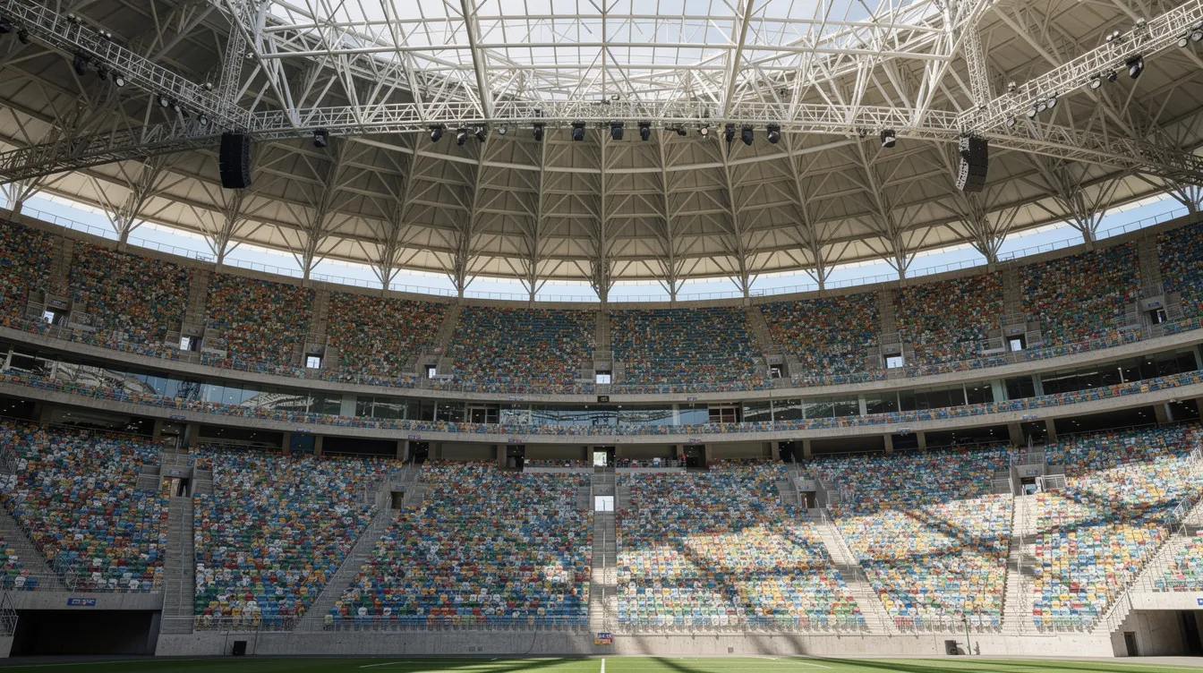 The image shows an interior view of a large empty sports stadium, highlighting the seating bowl and the intricate roof structure above. This space, captured through advanced 3D laser scanning technology, could serve as critical data for construction projects, providing accurate measurements and as-built documentation for future renovations or building operations.