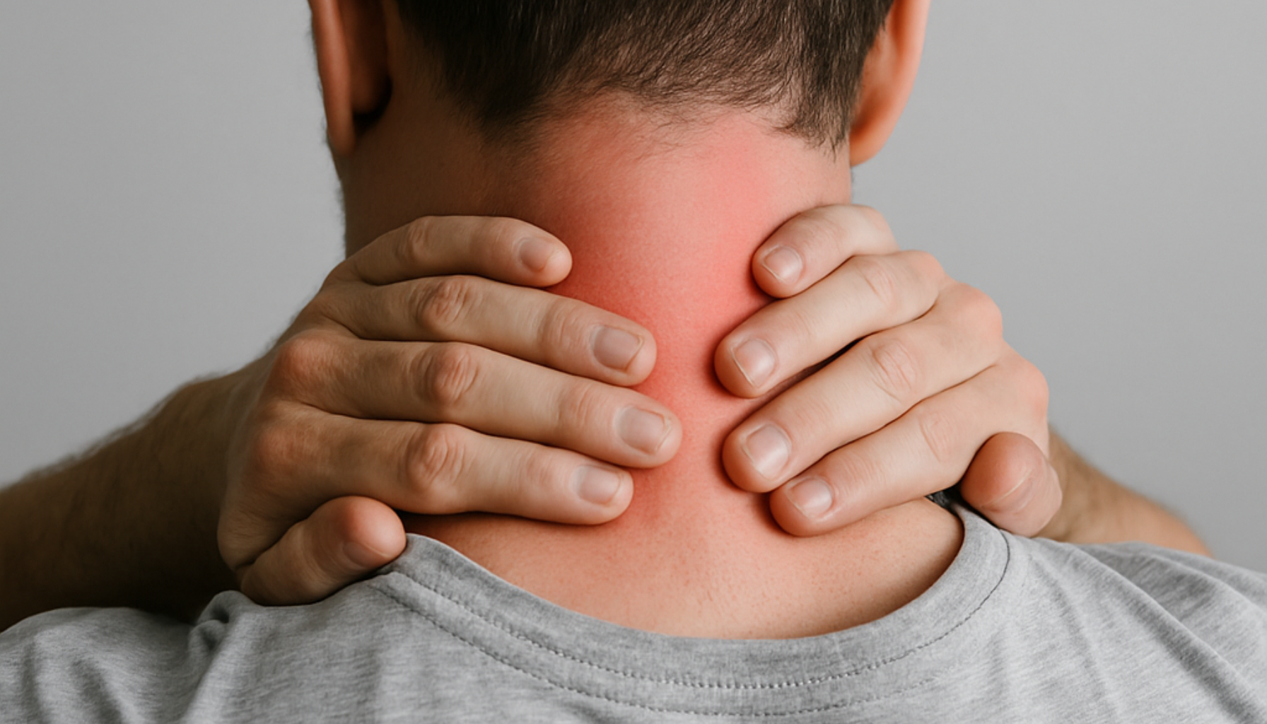 Mann masserer nakken med begge hender, synlig rødhet bak i nakken som tegn på smerter og ubehag.