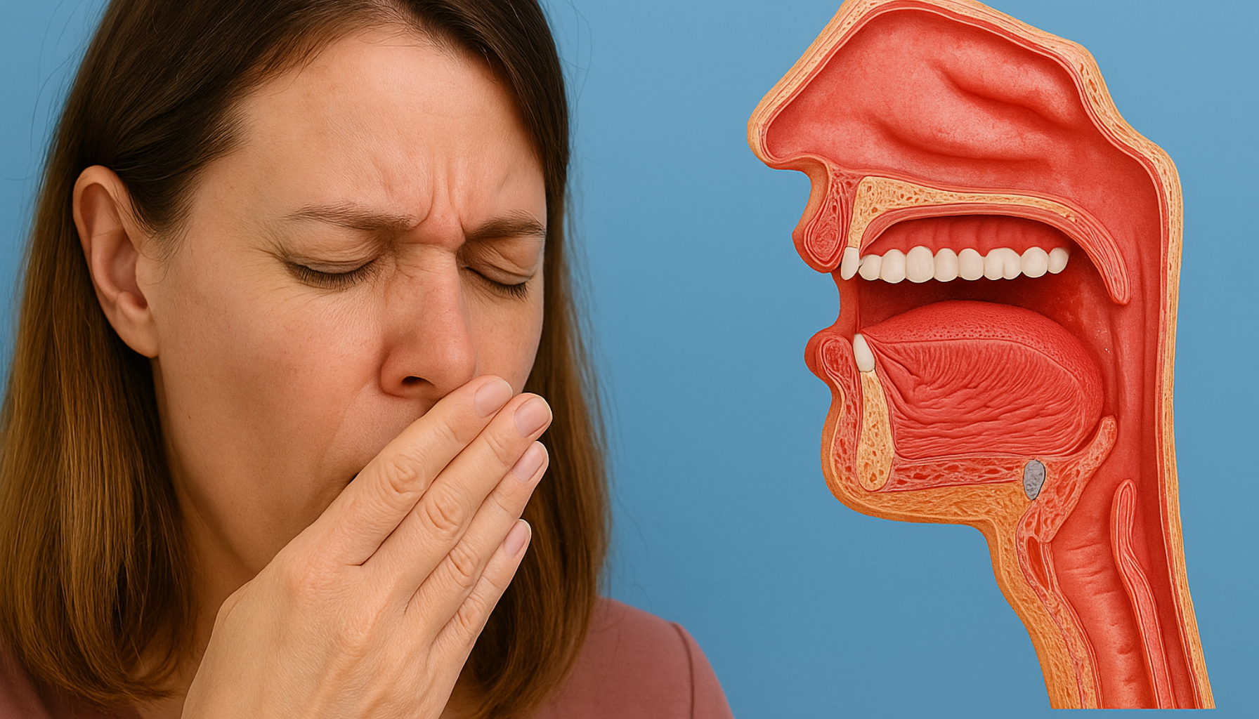 Munntørrhet Den skjulte årsaken bak dårlig ånde og såre slimhinner 10 Kvinne dekker munnen mens hun føler ubehag, med anatomisk illustrasjon av munn og hals ved siden av.
