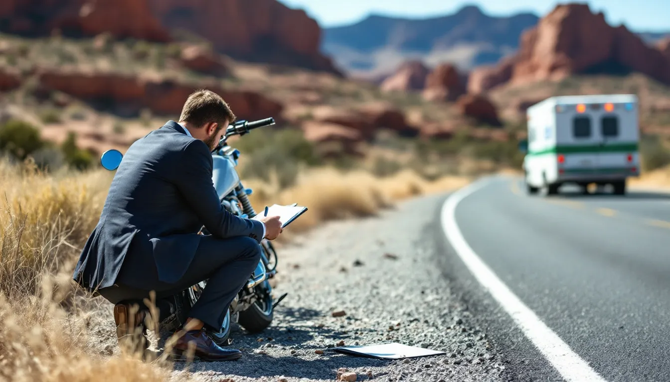 An attorney examines a crashed motorcycle on the side of a scenic road in New Mexico, with an ambulance blurred in the background. This image highlights the serious nature of motorcycle accidents and the importance of legal representation for victims seeking fair compensation and recovery from injuries.