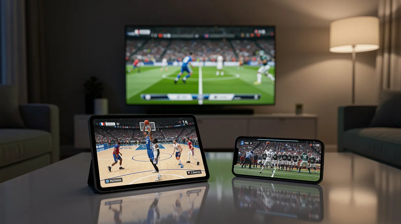 The image depicts multiple screens displaying various sports channels and live events, showcasing a tablet, smartphone, and TV. This highlights the versatility of IPTV services and the ability to watch live TV channels across different devices, enhancing the viewing experience for sports fans.