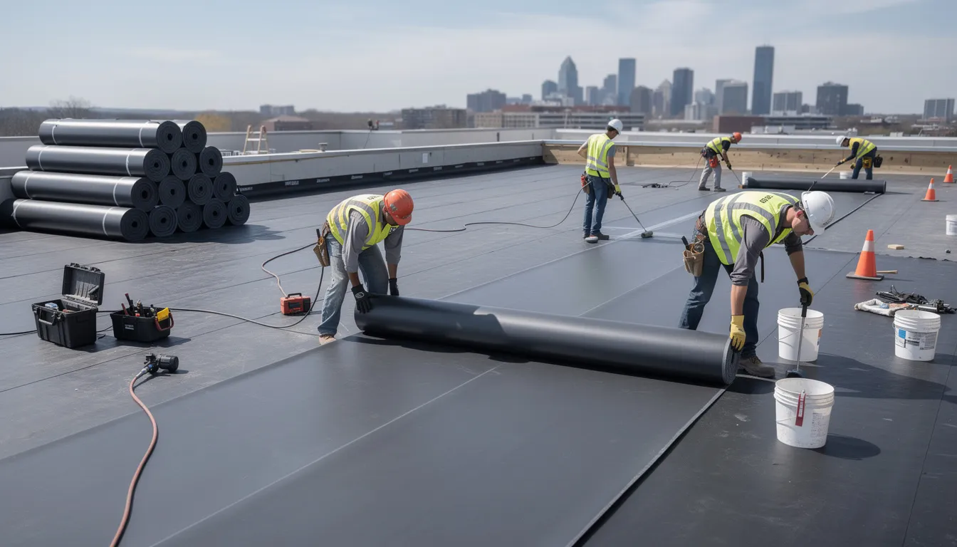 Two workers are diligently installing a waterproofing membrane on a flat roof, ensuring that the surface material is properly applied to prevent leaks and protect the structural integrity of the building. This installation is part of a larger construction project, showcasing the expertise of waterproofing specialists in delivering reliable waterproofing solutions for both commercial and residential needs.