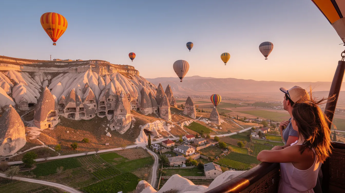 A imagem mostra um passeio de balão sobre a região de Soganli, na Capadócia, onde é possível observar as icônicas chaminés de fada e as formações rochosas vulcânicas. Ao fundo, destacam-se as paisagens deslumbrantes e as igrejas esculpidas nas rochas, criando um cenário único para turistas em busca de uma experiência memorável.
