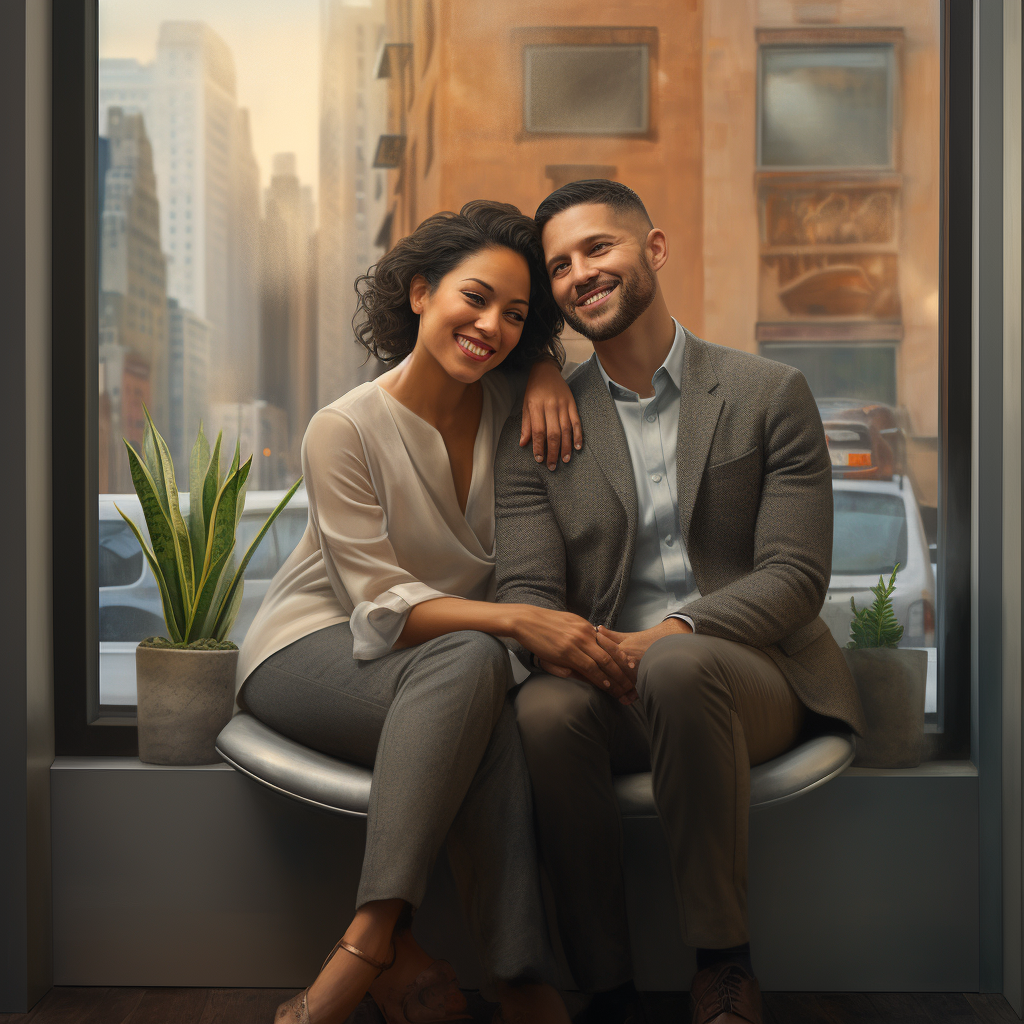 Joyful Black couple embraces warmly, Manhattan's iconic skyline forming a backdrop. Their radiant smiles and closeness speak to their renewed bond after effective Adult ADHD treatment at 'Loving at Your Best Marriage and Couples Counseling'.