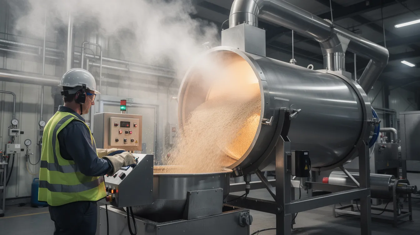 3a94005a 676a 4518 9831 51952d395442 An industrial worker is operating a large rotating drum roaster, where rice kernels are being puffed, releasing steam into the air. This process is part of the puffed rice manufacturing process, transforming parboiled rice into expanded, crispy puffed rice grains suitable for snack foods and breakfast cereals.