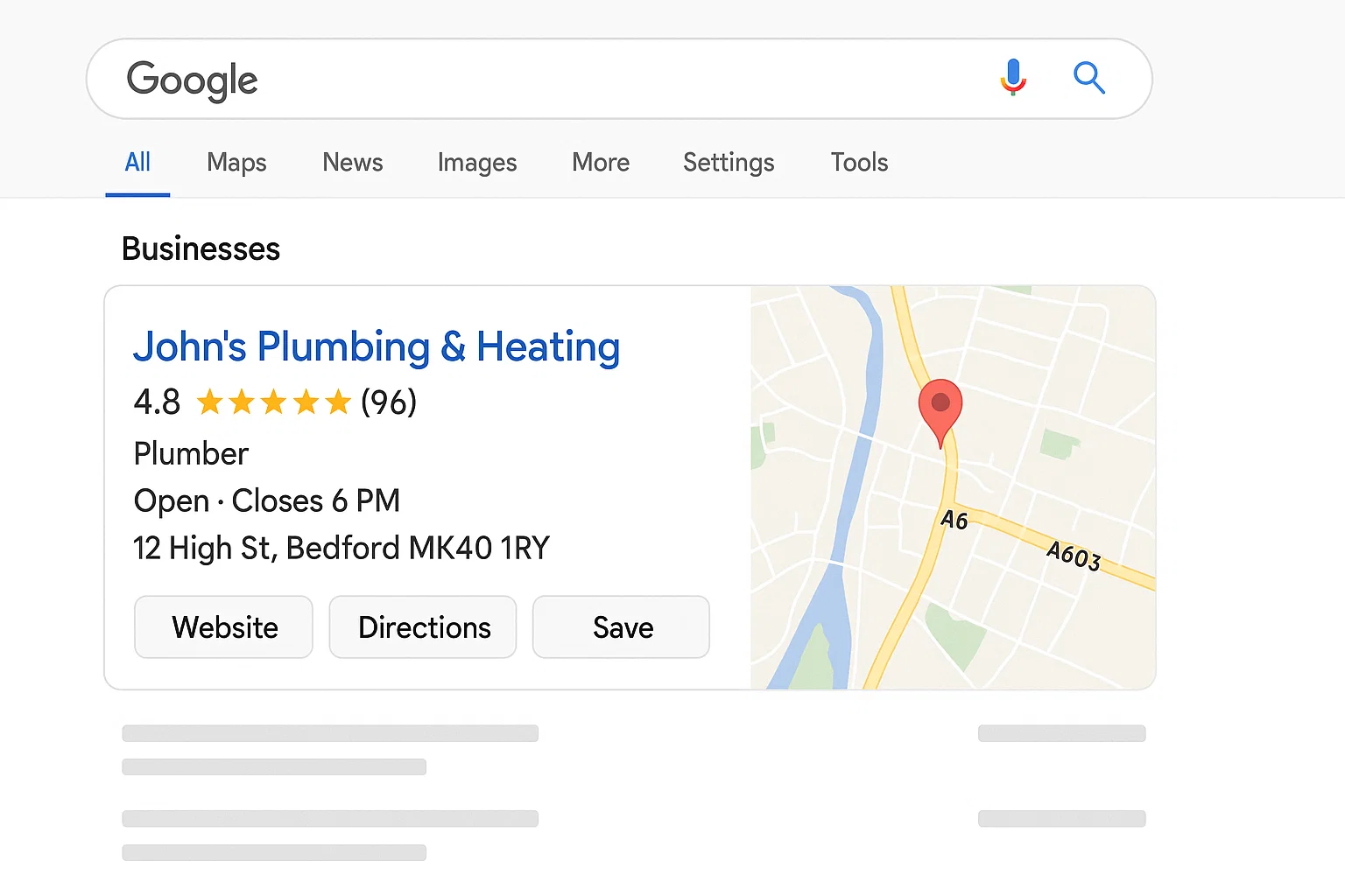 Google search results with one visible listing and others pushed down