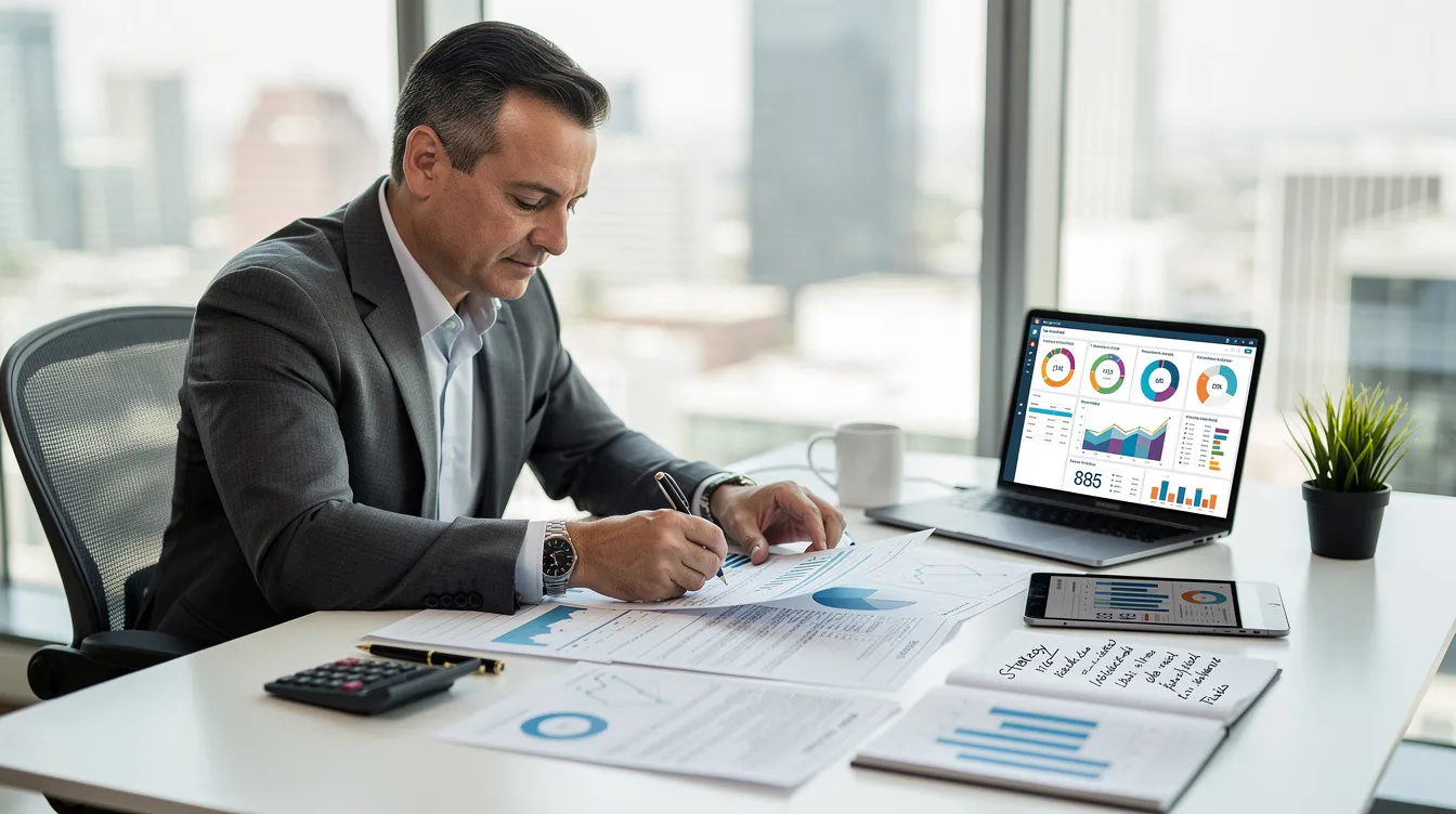 A business owner is seated at a desk in a professional office, intently reviewing financial charts and planning documents related to retirement savings options such as solo 401k and SEP IRA. The image conveys a focused atmosphere as the owner analyzes various retirement plans, considering employer contributions and the implications of defined benefit plans for their business.