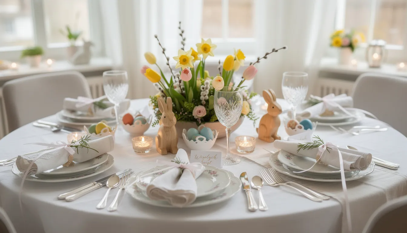 Na elegancko zastawionym wielkanocnym stole znajdują się porcelanowe naczynia, wiosenne dekoracje oraz słodkie upominki, takie jak czekoladowe jajka i krówki, tworząc idealną atmosferę na święta wielkanocne. Stół jest ozdobiony motywami wielkanocnymi, co nadaje mu wyjątkowy klimat.