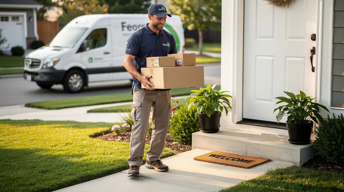 A delivery driver is seen carrying several parcels to a residential doorstep, showcasing the essential role of reliable dropshipping suppliers in the fulfillment process. This scene highlights the importance of customer satisfaction and fast shipping in the ecommerce business.