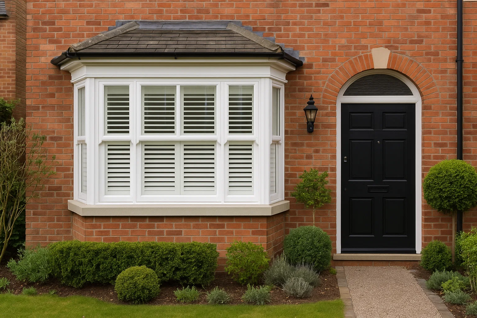 Bay window with shutters visible from outside a well-presented UK home