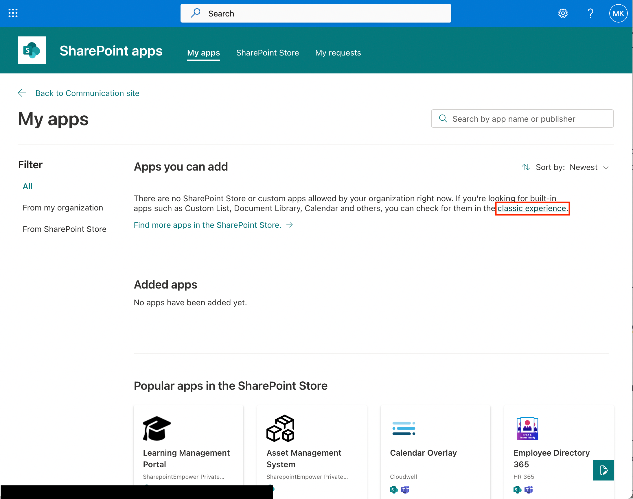 access classic experience apps in sharepoint