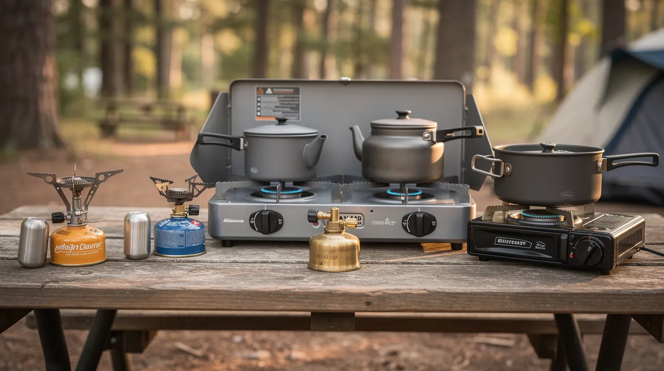 The image features a variety of camping stoves displayed on a campground table, showcasing different sizes and styles, including portable options with adjustable burners and cast iron designs. Each stove is arranged for easy transport and storage, highlighting their suitability for outdoor cooking adventures.