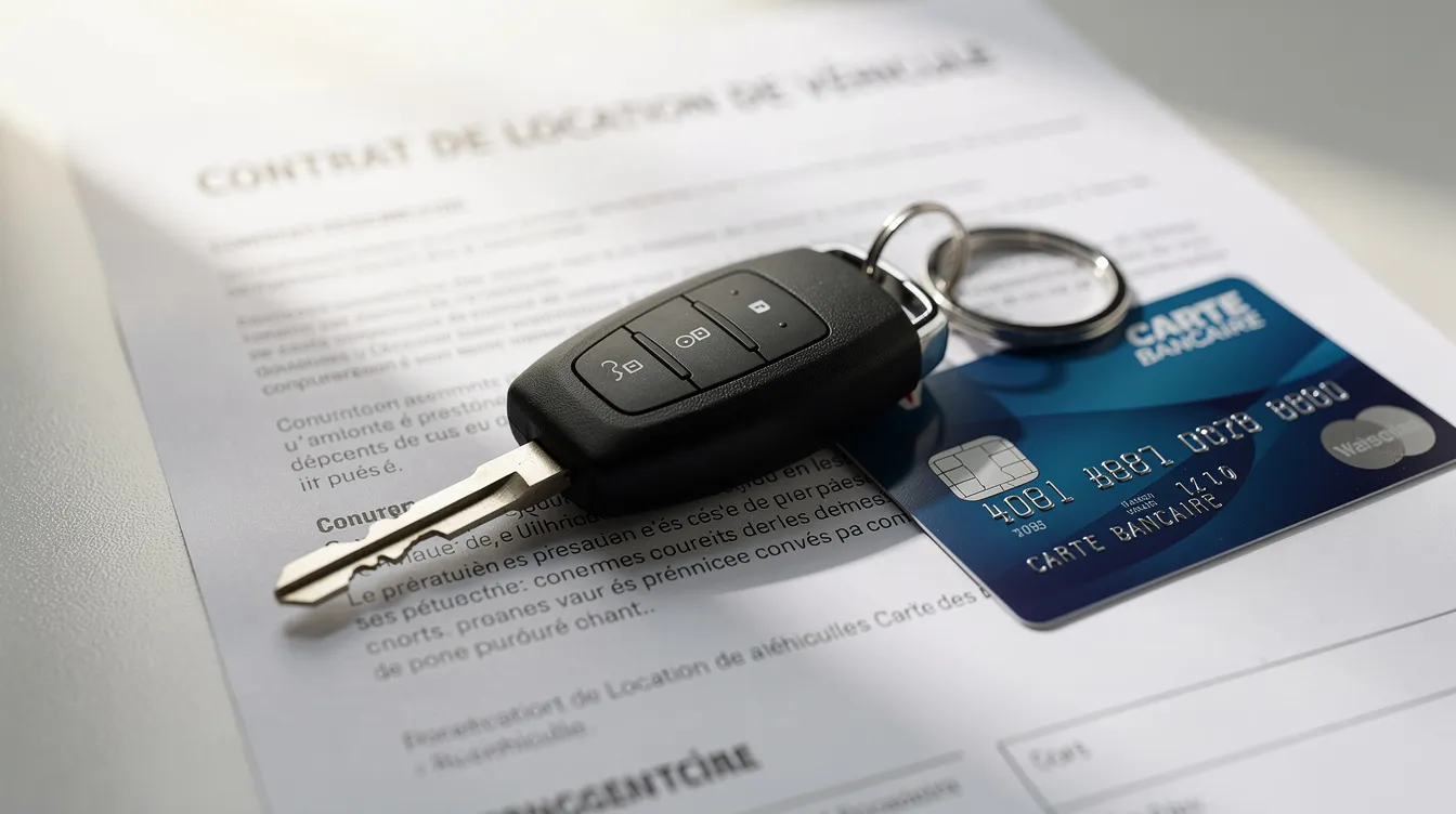 Des clés de voiture sont posées sur un contrat de location, à côté d'une carte bancaire, illustrant le processus de location d'un véhicule. Cet arrangement met en avant les éléments essentiels à la prise en charge d'une voiture de location, notamment le contrat et les modalités de paiement.