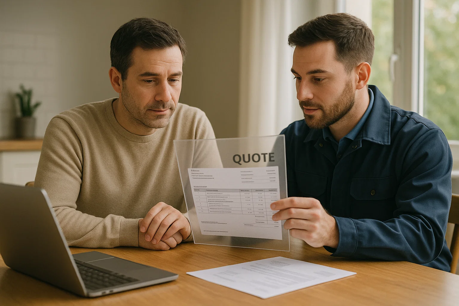 Heating engineer explaining boiler repair costs and pricing options to a customer at home.