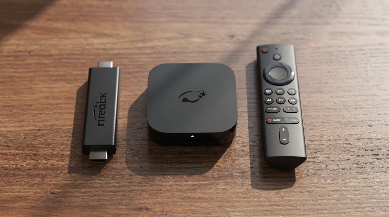 The image features a collection of streaming devices, including a Firestick, an Android TV box, and a remote control, neatly arranged on a wooden table. These devices are essential for accessing various IPTV services, allowing users to watch live TV channels and on-demand content with high-quality streaming.