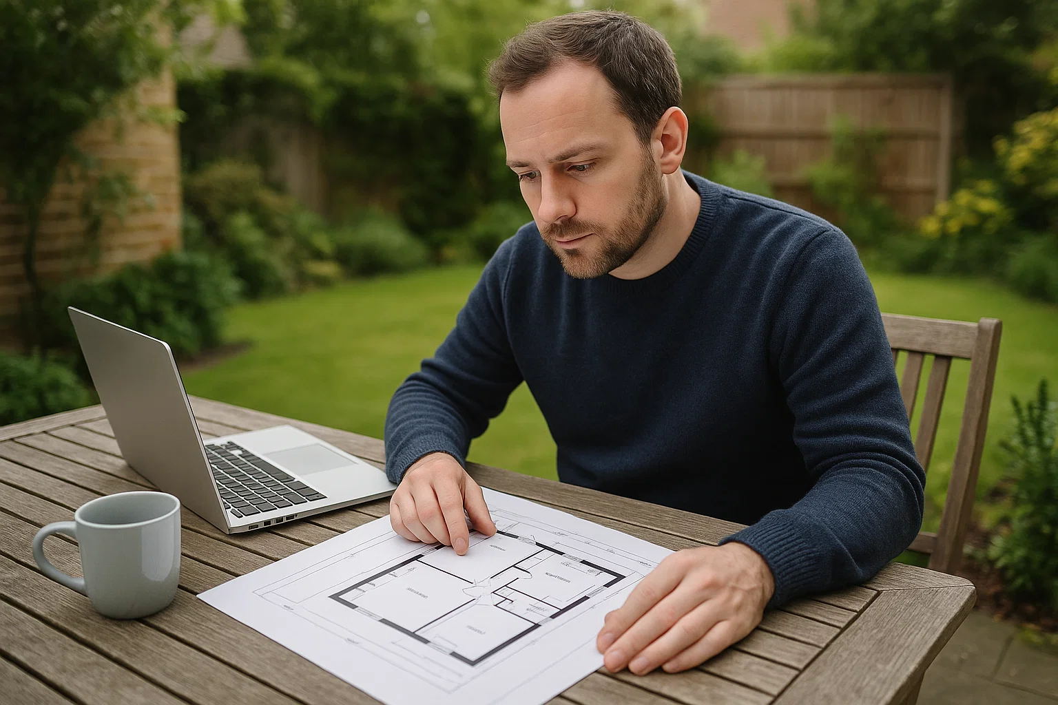 Homeowner reviewing garden renovation plans before starting improvements.