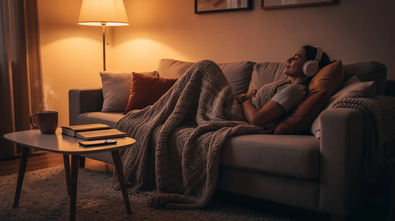 A person is comfortably relaxing on a couch, enveloped in a soft blanket, while enjoying the calming effect of music through headphones in the warm glow of evening lamplight. The scene evokes a sense of physical relaxation and tranquility, perfect for unwinding after a long day.