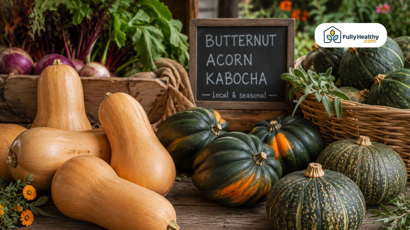 Fresh butternut acorn and kabocha squash displayed at rustic seasonal market