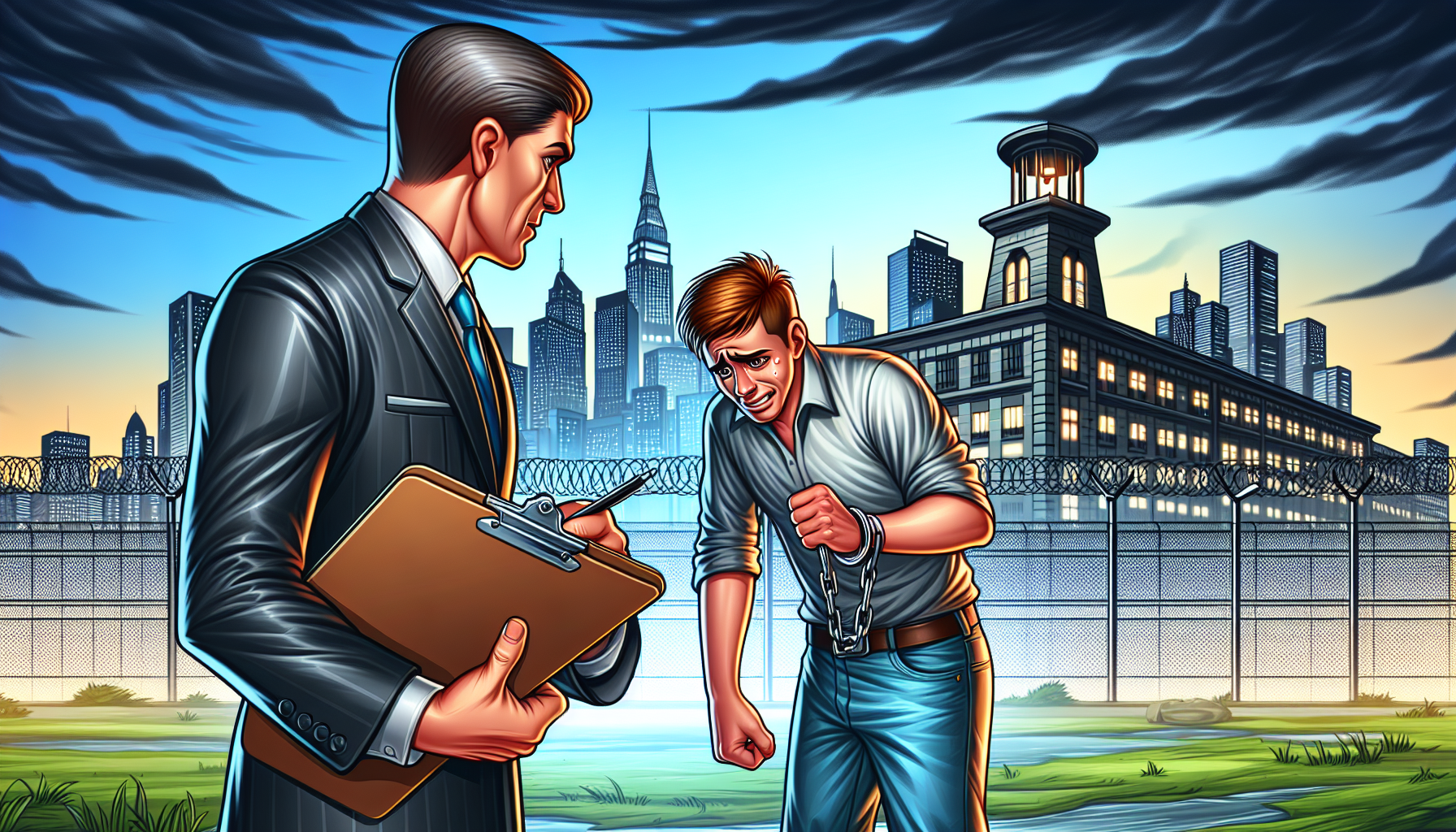 An illustration of actions taken by bail bondsmen, including a bondsman and a person in distress.
