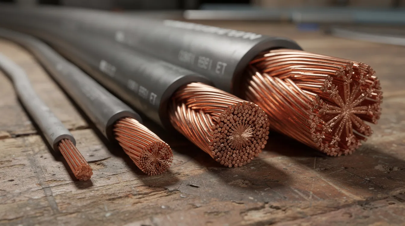 A close-up image displays several copper power cables of varying thicknesses laid side by side on a workbench, showcasing different wire gauges from thin to very thick. This visual illustrates the importance of selecting the correct wire size according to the American Wire Gauge system for safe power transmission and compliance with industry standards.