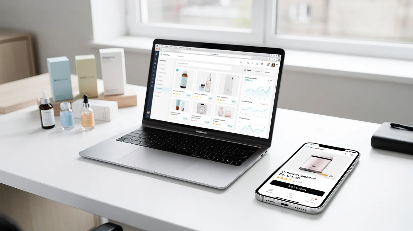 The image depicts a modern ecommerce workspace featuring a laptop displaying product samples, a smartphone showcasing a shopping page, and various merchandising features. This setup illustrates the essential tools for Shopify store owners to create a seamless shopping experience with advanced layouts and responsive design.