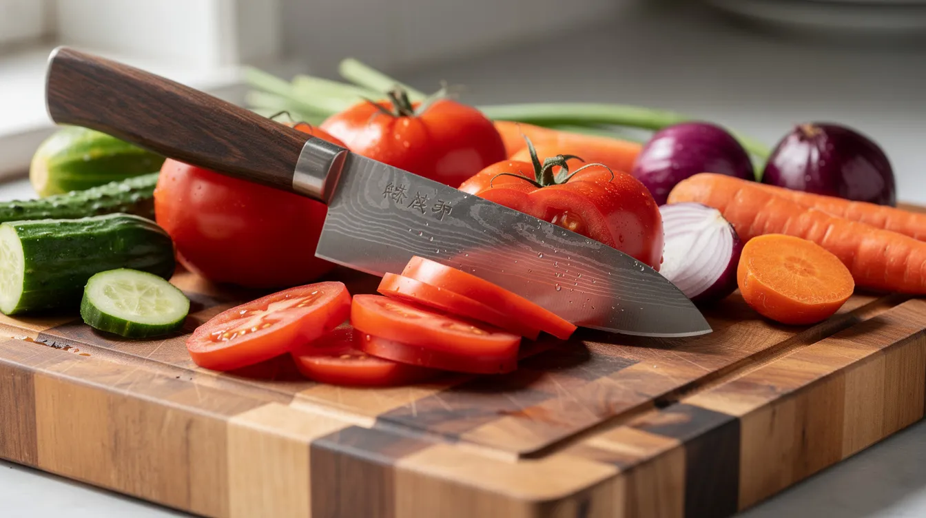 A vibrant assortment of fresh vegetables is being sliced on an end-grain wooden cutting board using a traditional Japanese knife, showcasing its exceptional sharpness and precision. The scene highlights the versatility of the knife, which is ideal for preparing ingredients in Japanese cuisine.