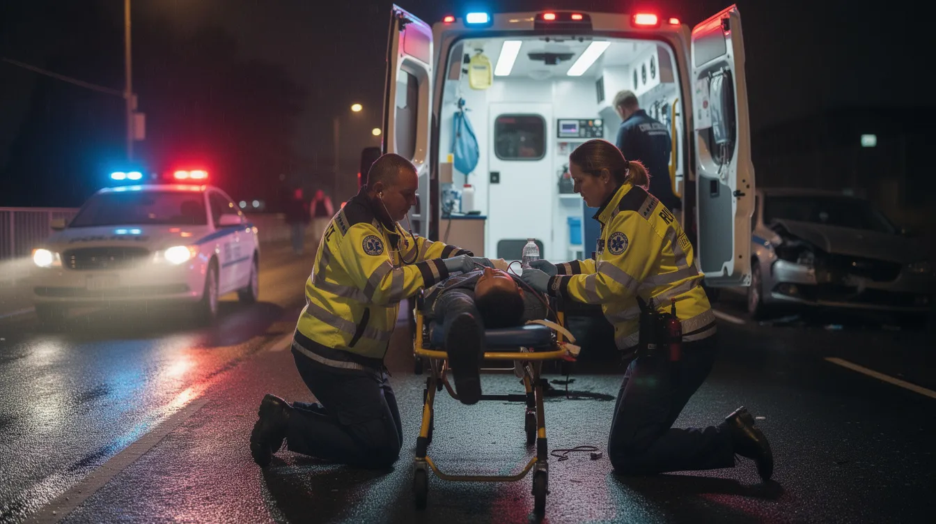 Emergency medical personnel are actively tending to injured victims at an accident scene involving a large commercial truck. The responders are focused on providing immediate care, highlighting the serious nature of truck accident injuries and the potential need for legal representation from an experienced truck accident lawyer.