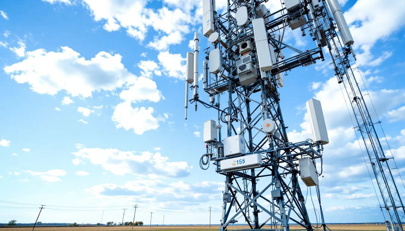 The image depicts a cellular tower structure with various shared equipment arrangements, illustrating how mobile service providers like Spectrum Mobile utilize infrastructure such as Verizon towers to enhance their coverage and data speeds. The arrangement highlights the collaboration between different carriers to provide reliable mobile data and internet access to customers.