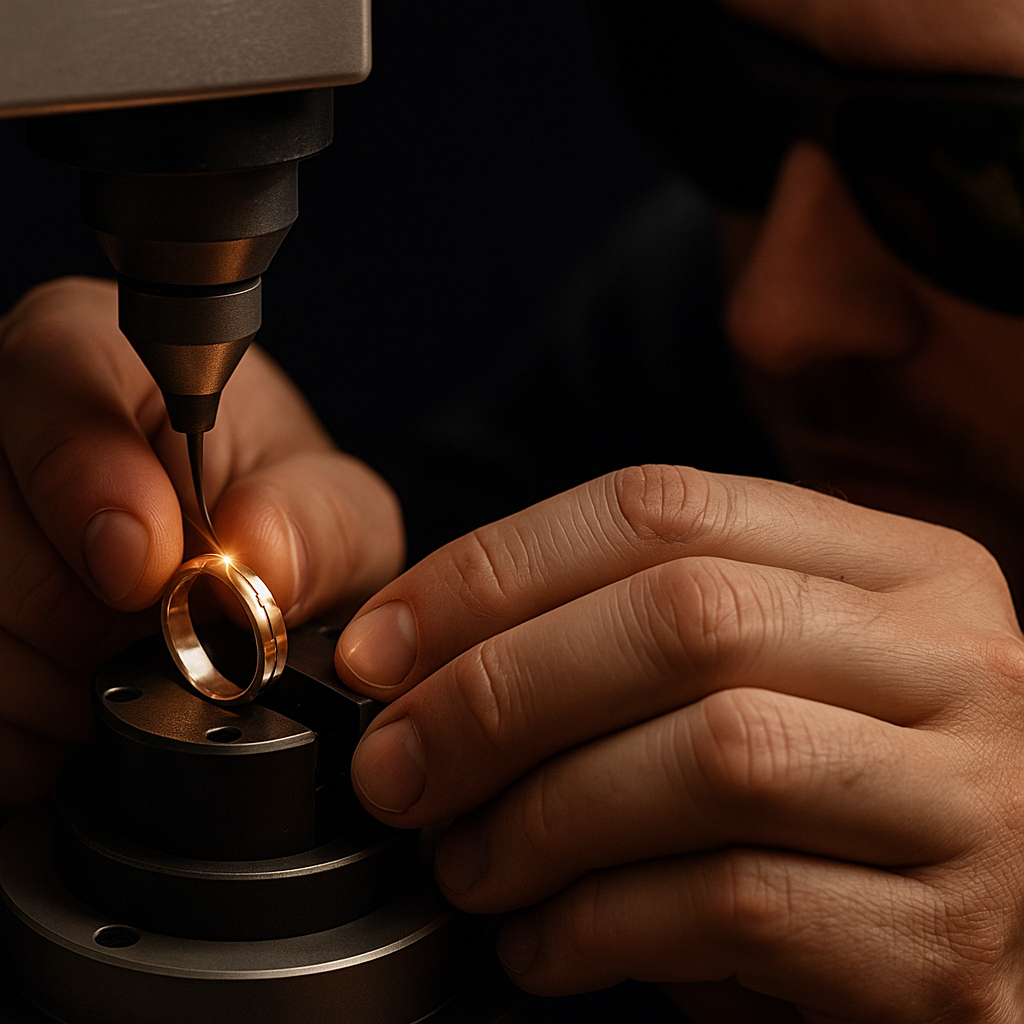 Juvelyras su apsauginiais akiniais lazerio spinduliu preciziškai graviruoja sužadėtuvių žiedą, o įrankis tvirtai laiko žiedą vietoje. Jei pageidaujate pakeitimų ar kitokio rakurso, praneškite