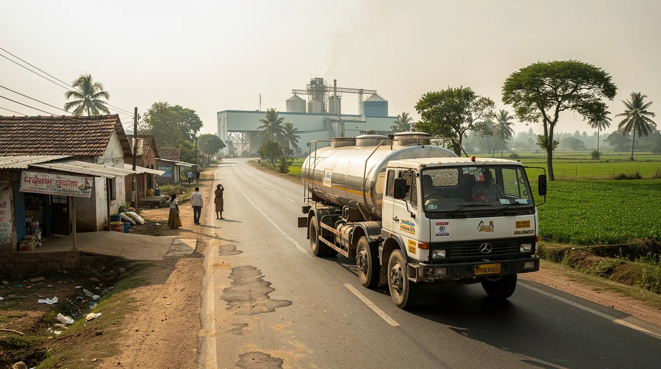 The image shows an insulated milk tanker truck traveling along a rural Indian highway, connecting villages to a dairy processing plant. This truck plays a crucial role in milk procurement for the dairy industry, facilitating the collection of raw materials essential for ghee manufacturing and other dairy products.