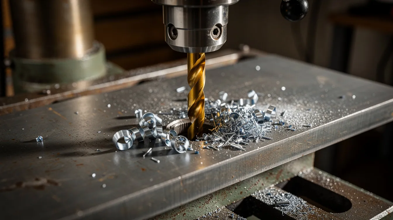 The image shows HSS twist drill bits, specifically designed for drilling metal, being used on a drill press to create precise holes in a steel plate, with visible metal chips scattered around. The drill bits feature sharp cutting edges, demonstrating their effectiveness in handling tough surfaces like steel.