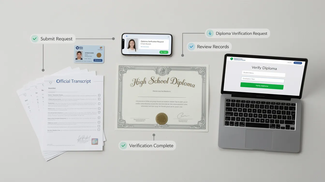 The image depicts a high school diploma verification process, showcasing a candidate submitting their academic credentials for education verification checks. This process often involves background checks by employers to confirm graduation status and ensure clear documentation of the candidate's educational background.