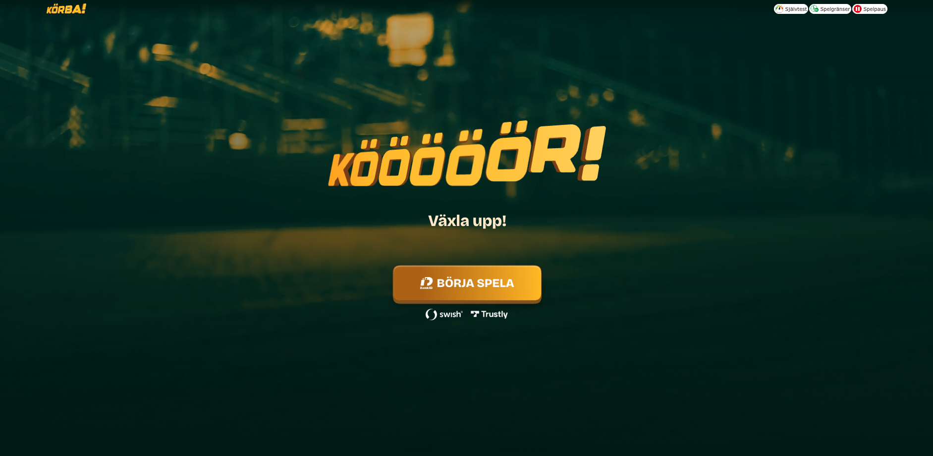 Körbas startsida med knappen Börja spela och betalningsalternativen Swish och Trustly.