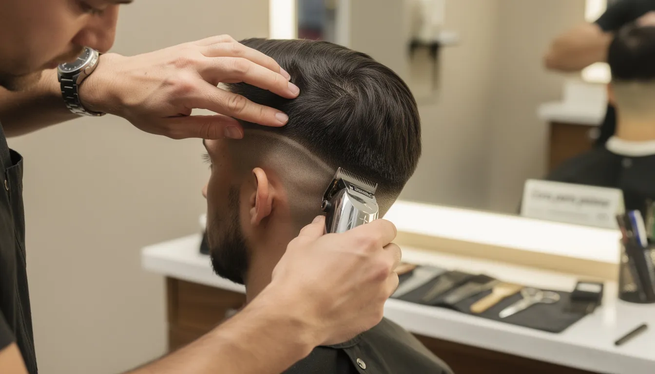 Un barbero profesional está realizando un degradado en el cabello de un cliente utilizando una máquina, mostrando técnicas modernas de cortes y estilo en barbería. La imagen refleja la atención al detalle y el cuidado en el acabado del look masculino, destacando las nuevas tendencias en peluquería.